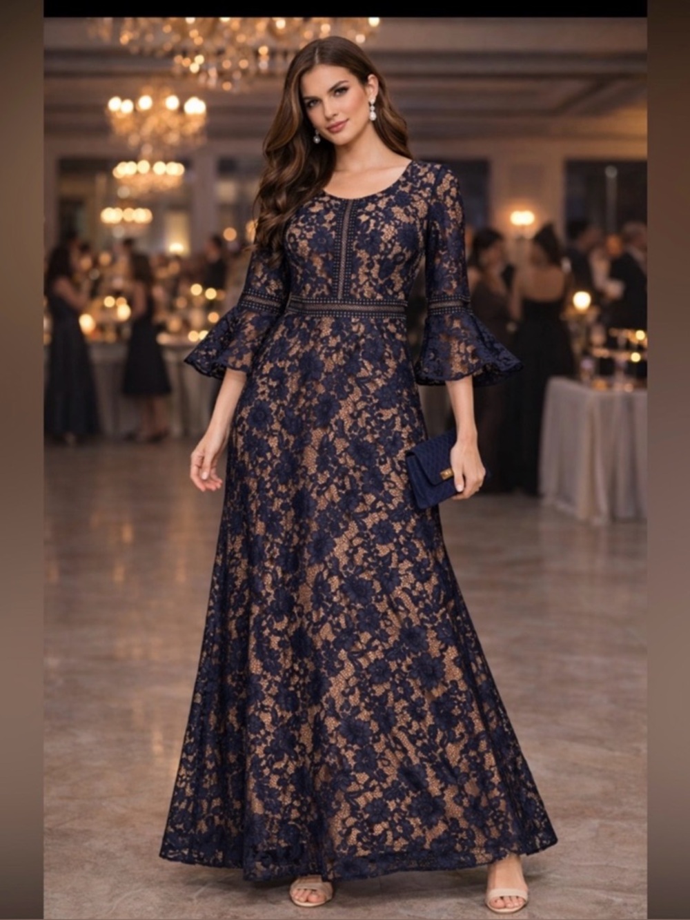 NWT Missmay Long Navy Blue Floral Full Lace W/ Bell Sleeves Maxi Dress Size L